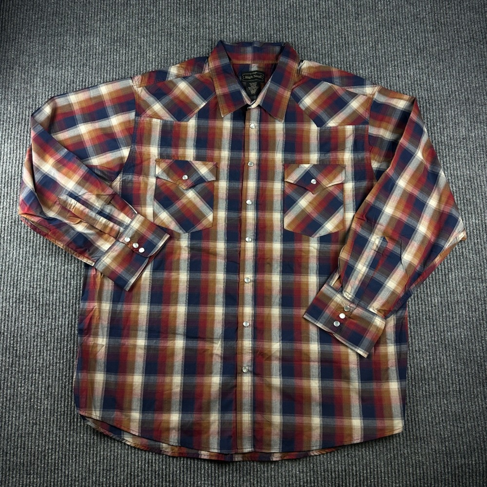 High Noon Mens 2XL Plaid Western Pearl Snap Shirt Red Blue Long Sleeve B05110